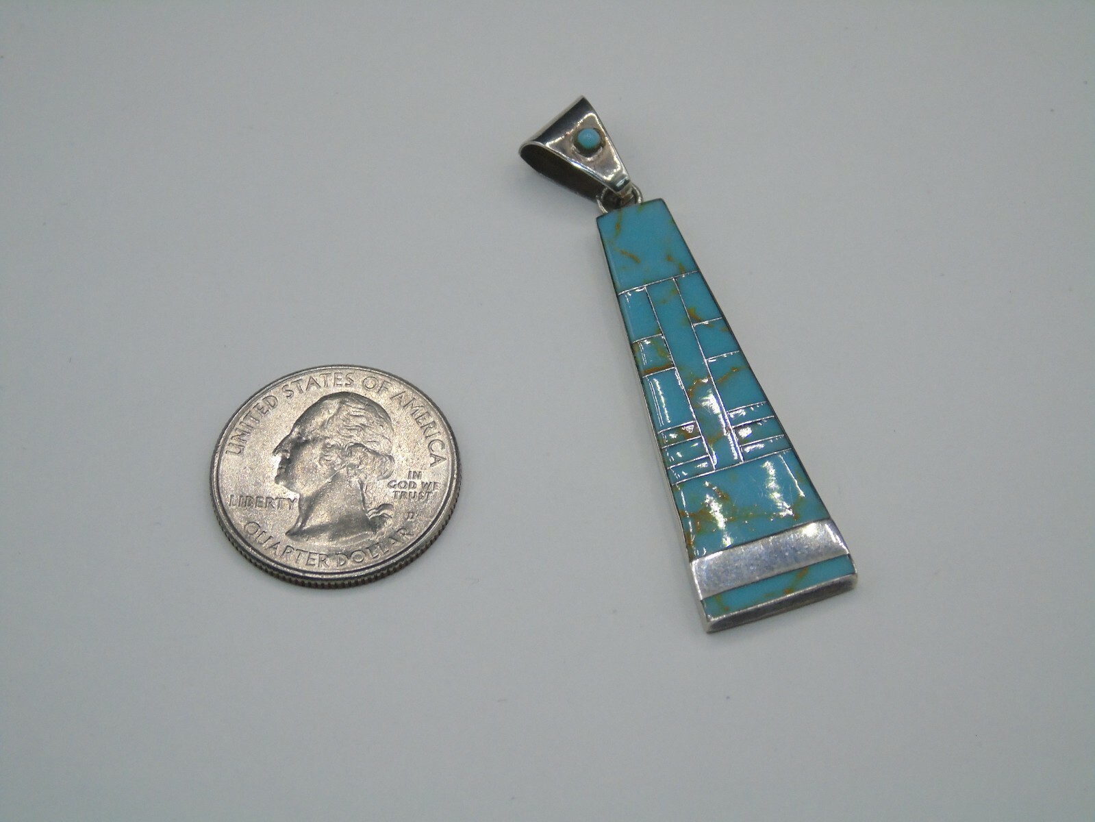 STERLING SILVER & TURQUOISE INLAY PENDANT IN PRE-OWNED VERY GOOD SHAPE