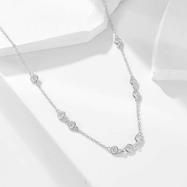 18 INCH By the Yard Station Necklace Round Natural Diamond 14k Solid White Gold