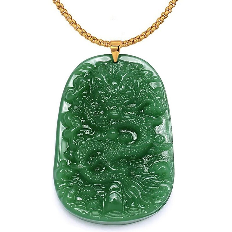18K Gold Filled Over Silver Mens Burmese Jade Dragon Pendant 24″ Necklace D316