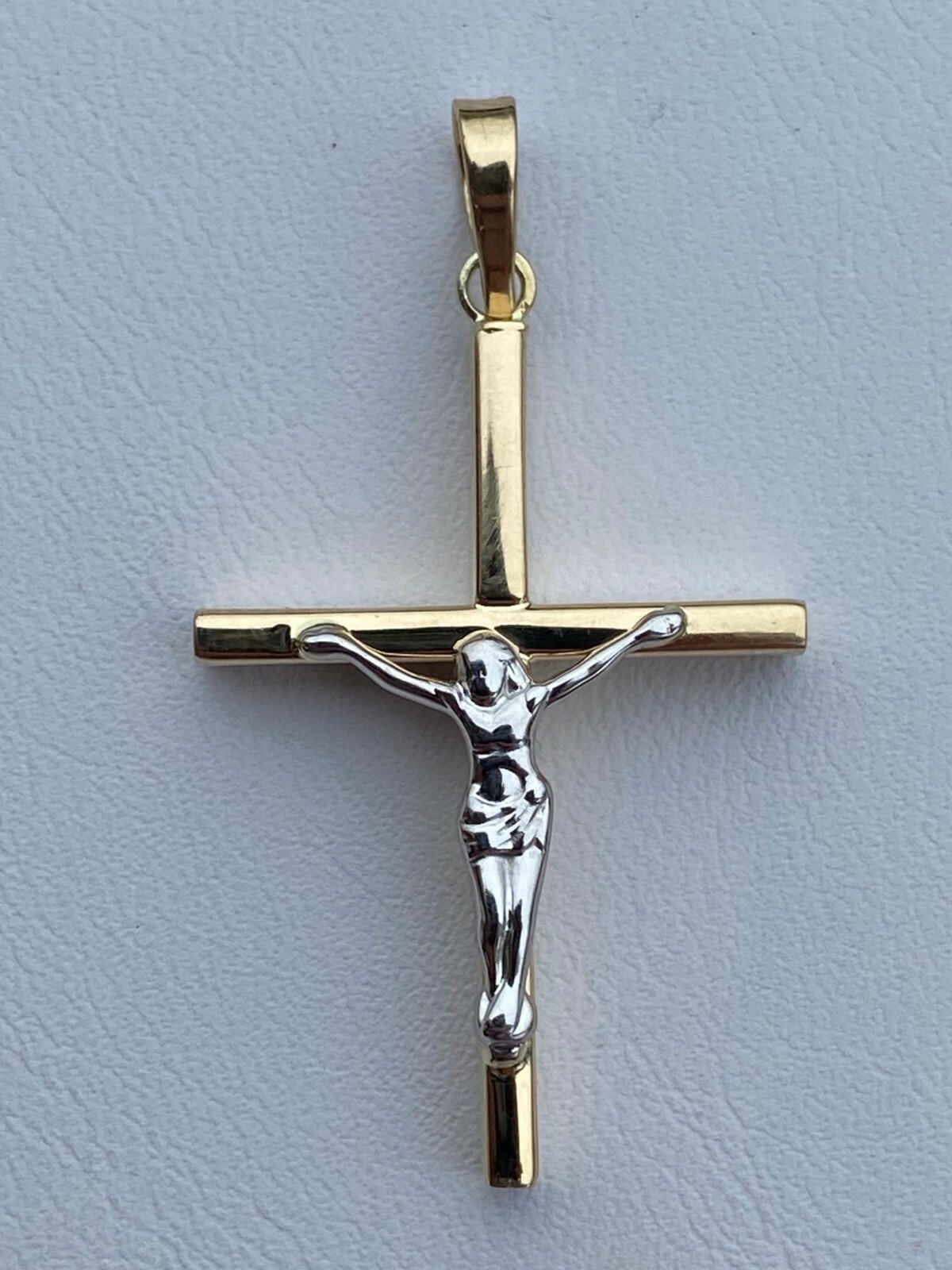 Mens Solid 14k Yellow & White Gold Cross W. Jesus Pendant 1.25″ 1.2gr Necklace