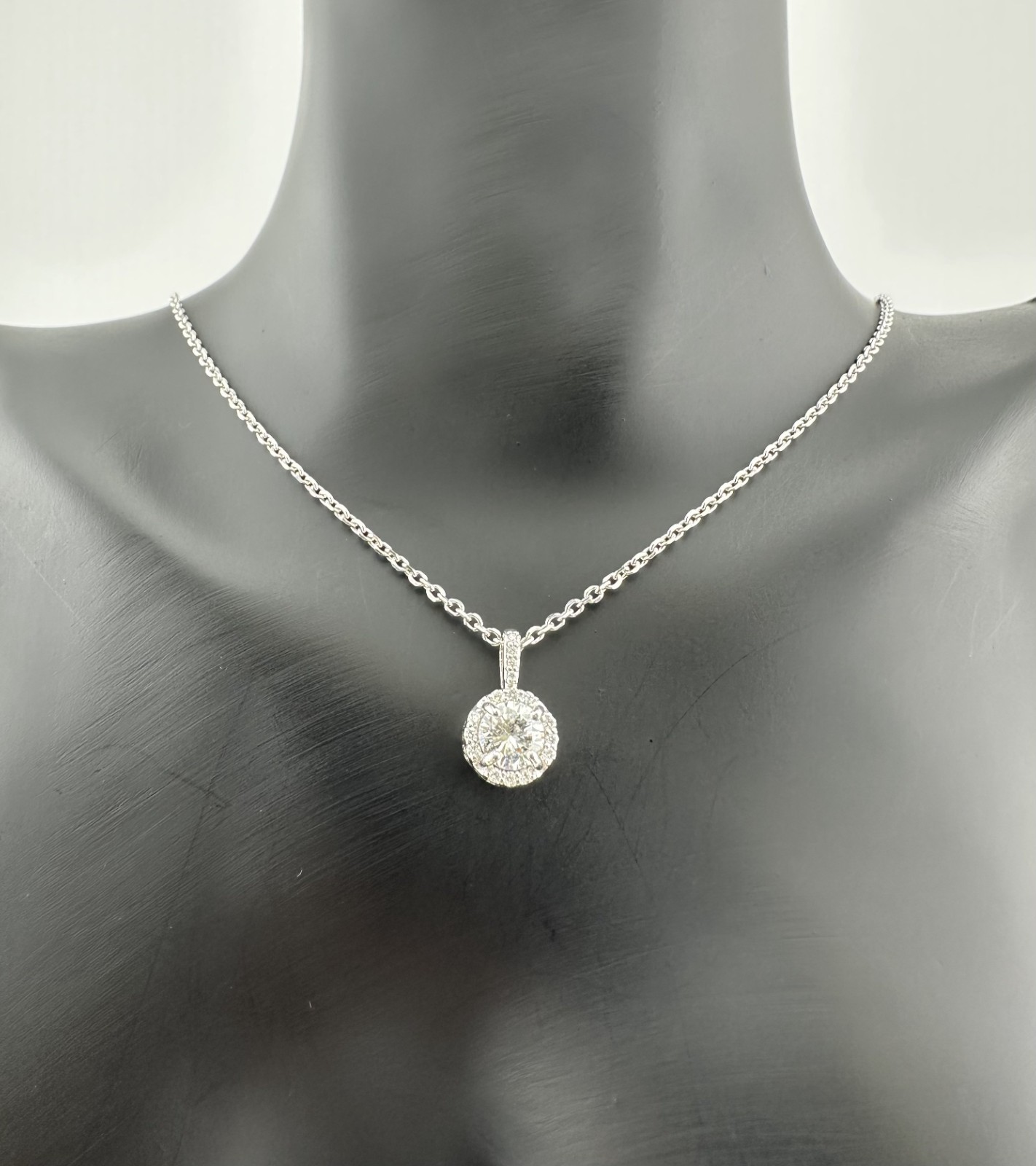 14k White Gold 0.57ct Natural Diamond Halo Solitaire Pendant Necklace