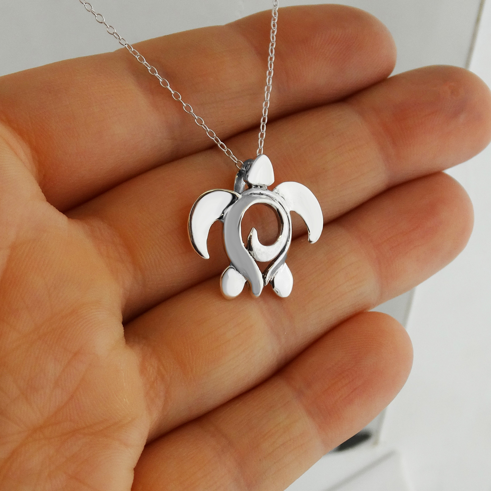 Sea Turtle with Swirl Pendant Necklace – 925 Sterling Silver – Beach Ocean NEW