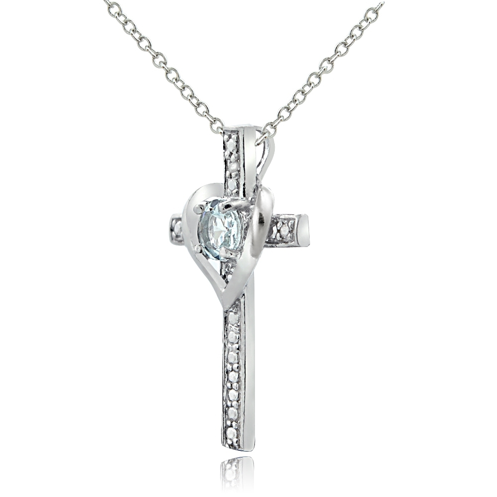 Sterling Silver Very Light Aquamarine & Diamond Accent Cross Heart Necklace