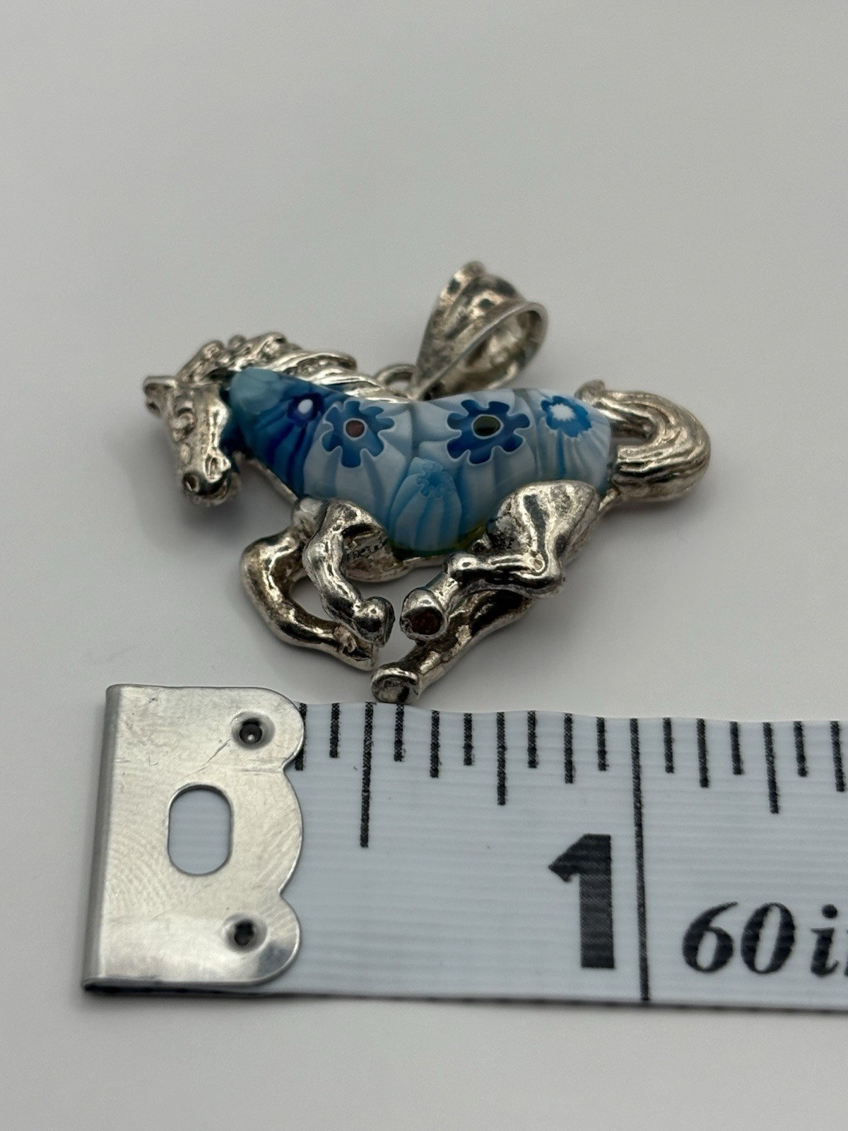 Blue Millifiori Glass Horse Sterling Silver Pendant