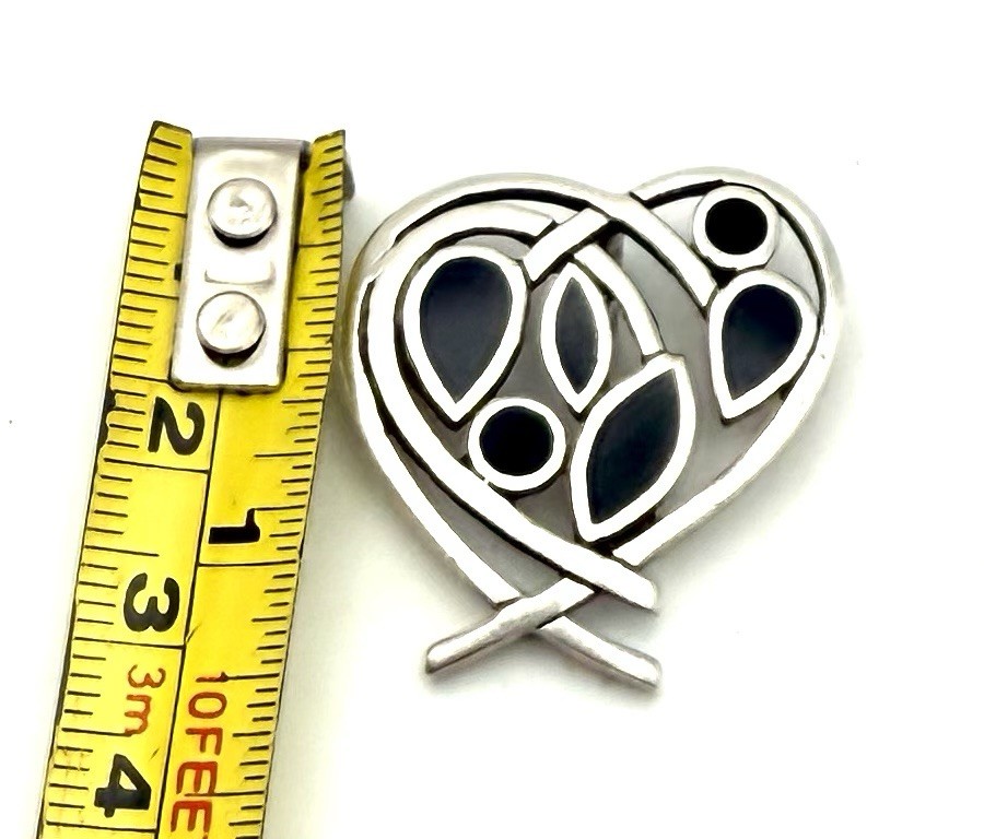 Sterling Silver 925 Heart Shaped Black Onyx Pendant Designer Asymmetrical 1.25”