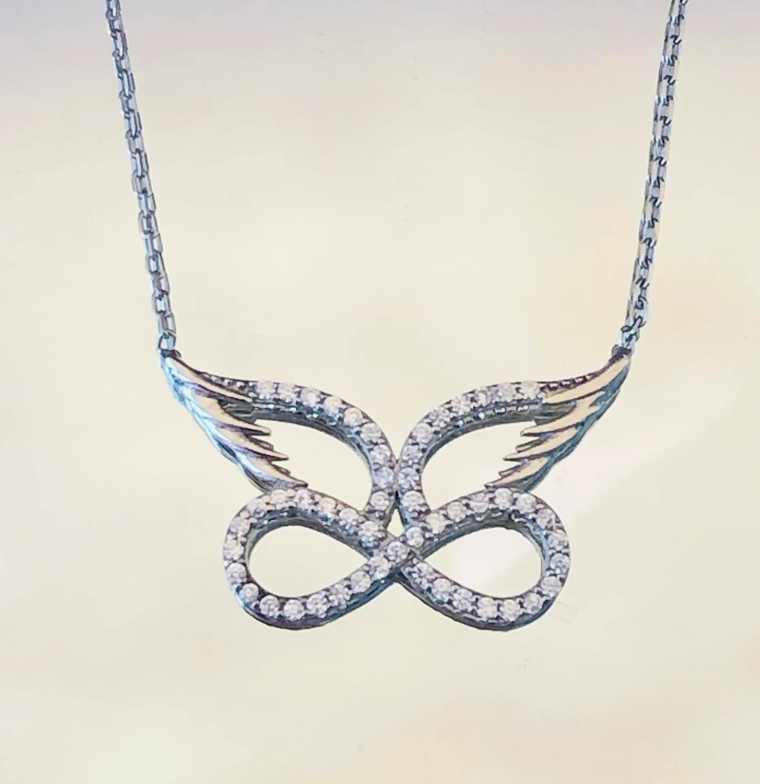 Angel Wing Moissanite Infinity Necklace – 925 Sterling Silver Eternity Pendant
