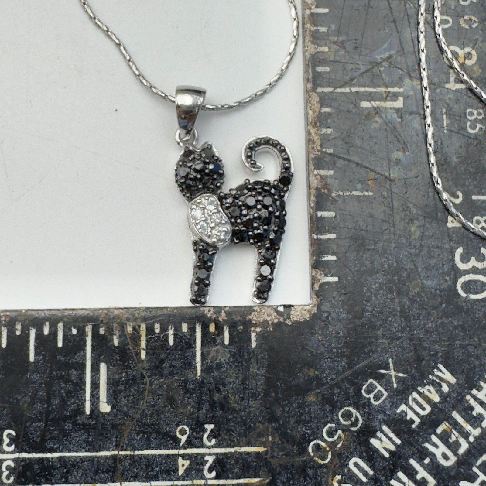 925 Sterling Silver White & Black Accent Sparkle Kitty Cat Pendant 16” Chain
