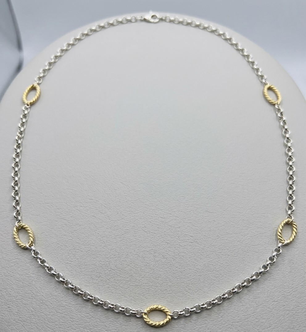 Twisted Oval and Rolo Link Chain Necklace 14K Two-Tone Gold Plated 925 Silver