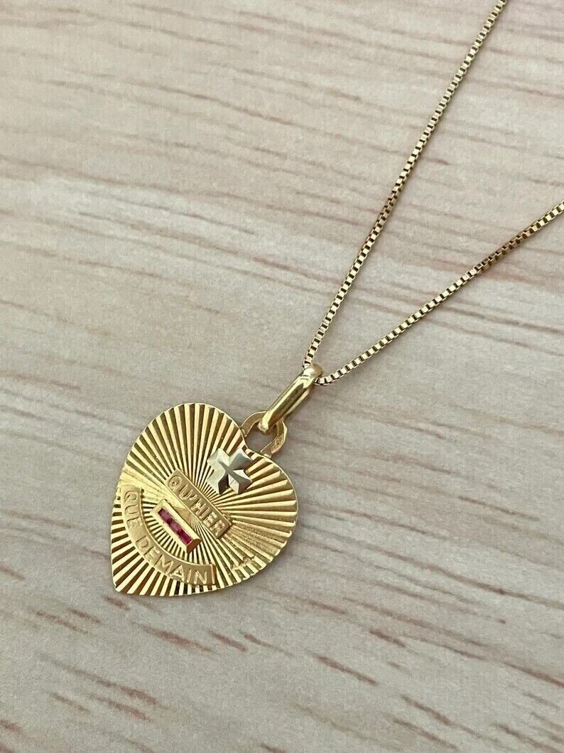 0.20 Carat Lab Created Ruby AUGIS Heart Pendant Solid 14K Yellow Gold Plated