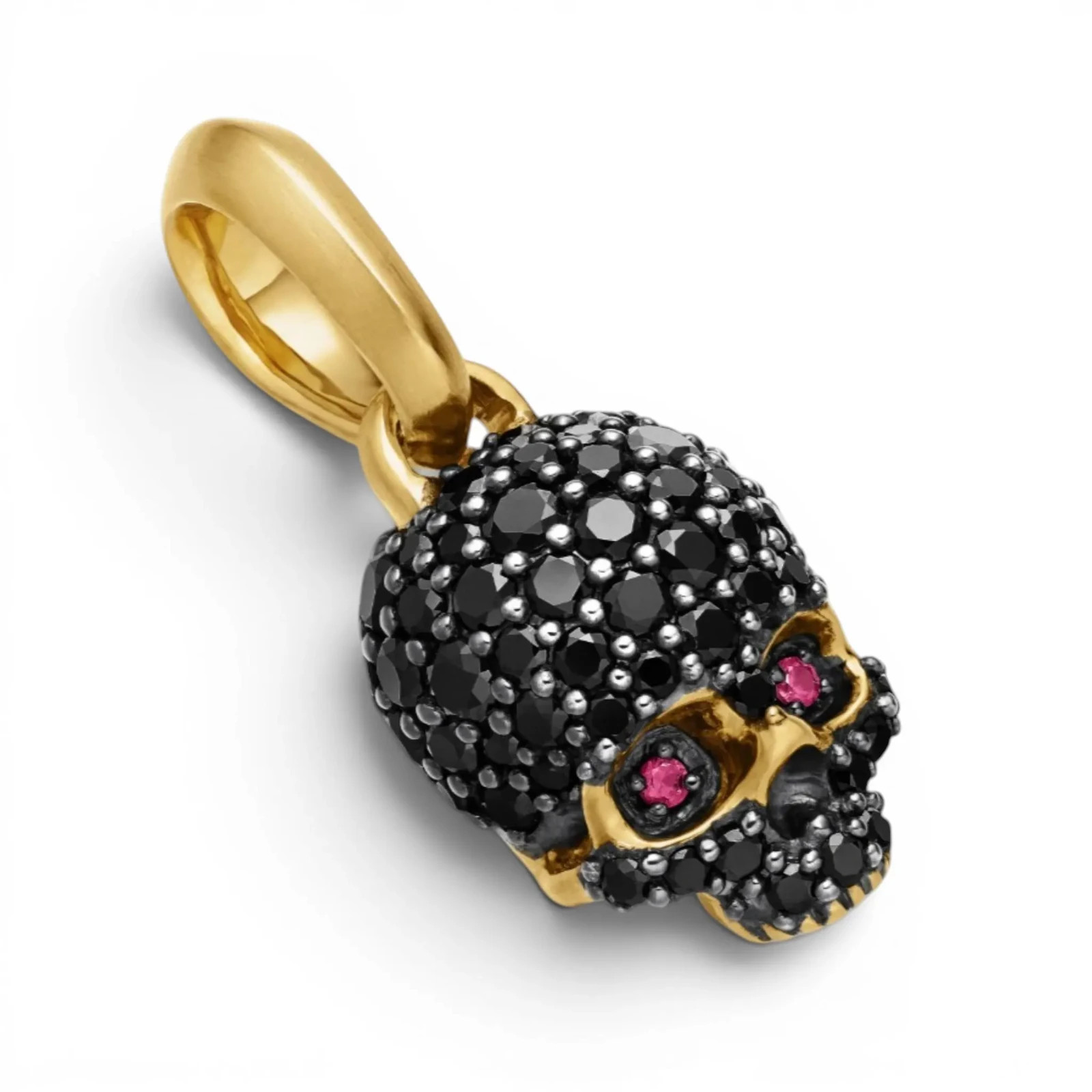 David Yurman Memento Mori Skull Pendant 18K Yellow Gold Black Diamond Pave, Ruby