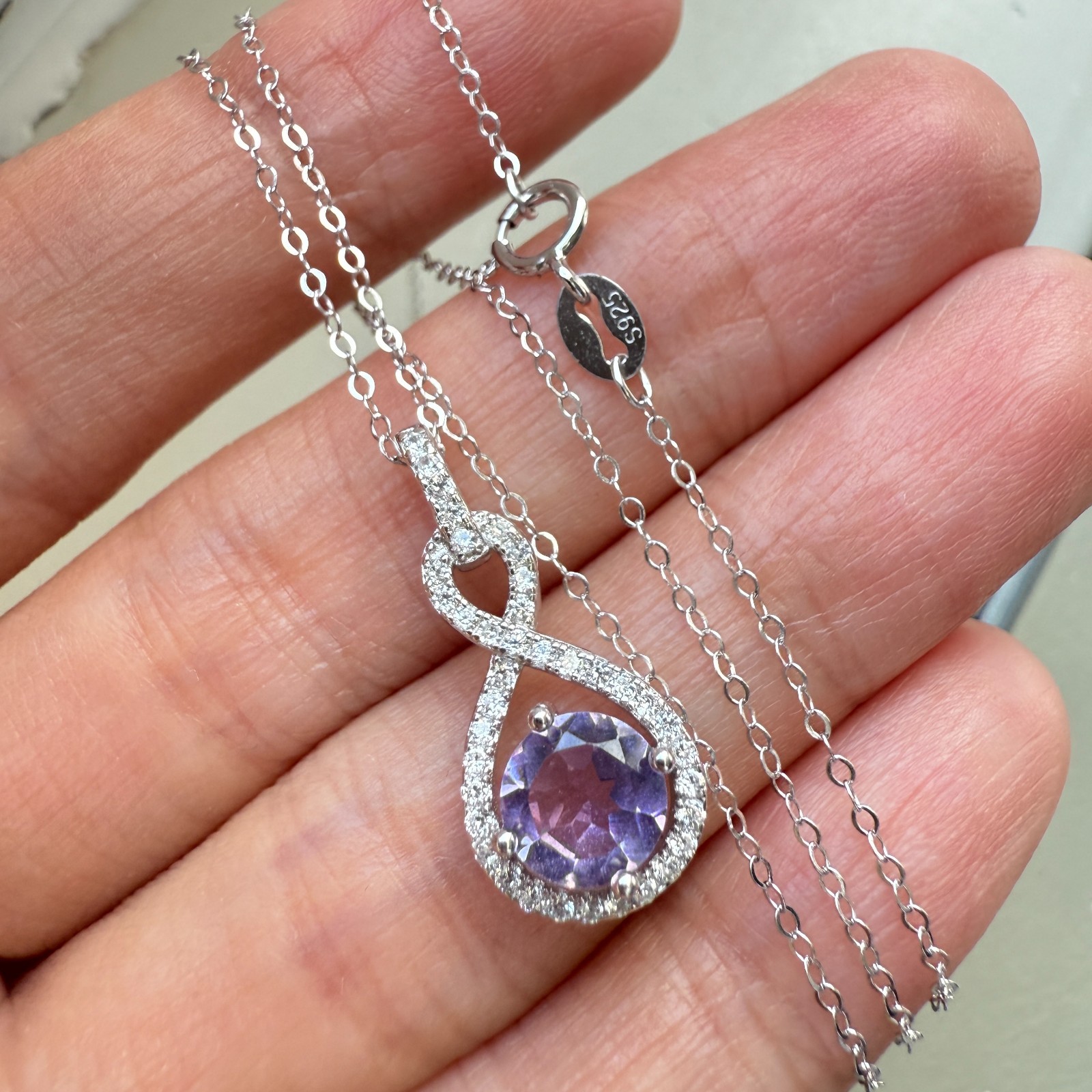 925 Sterling Silver Necklace 6mm Natural Amethyst Gemstone Zircon Purple Chain