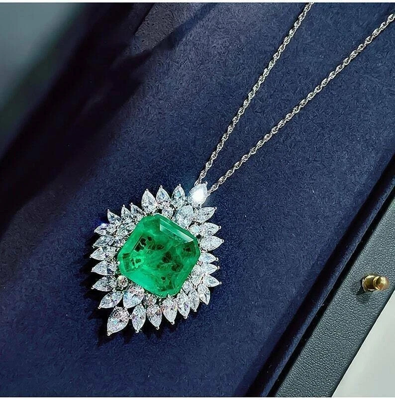Gorgeous Pendant Asscher Cut Lab Created Emerald &Diamond 14K White Gold Plated