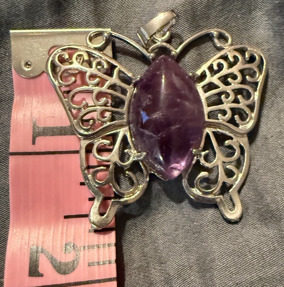 SILVER TONE BUTTERFLY PENDANT METAL WITH REAL AMETHYST STONE