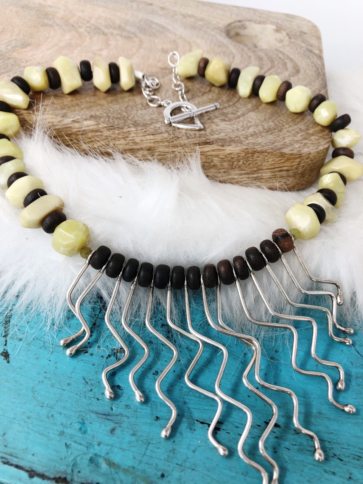 Vintage Tribal Jade Wood Wavy Sterling Silver Asymmetrical Dangles Necklace 18″