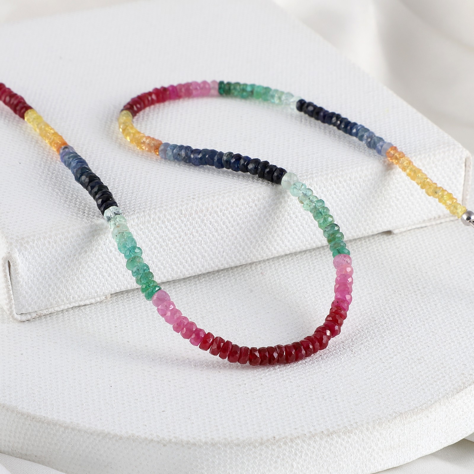 Natural Multi Sapphire Stone Beaded Necklace Faceted Roundel 925 Silver Necklace