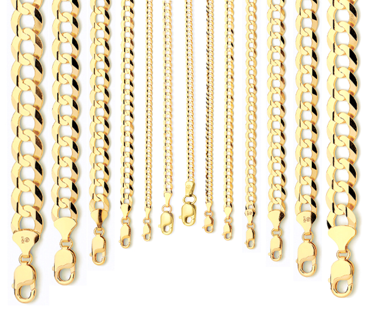 14k Yellow Gold 2mm-14mm Solid Curb Chain Necklace Bracelet Size 16″-30″