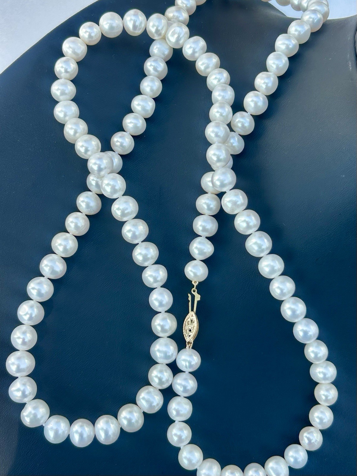 Vintage 34” Cultured Pearl Necklace 14K Gold Clasp Knotted 7.5-8mm Estate