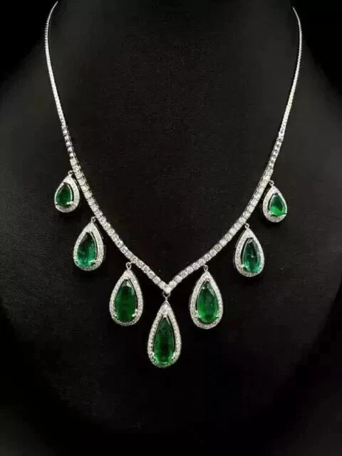 8.00CT Pear Cut Lab Created Emerald Women’s Chain Necklace 14K White Gold Finish