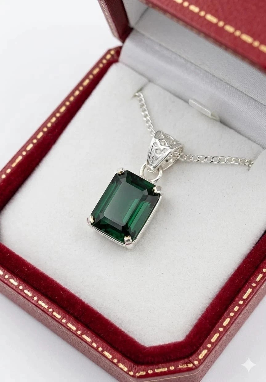 Certified 22 Ct Natural Emerald Gemstone 925 Solid Silver Emerald Cut Pendant