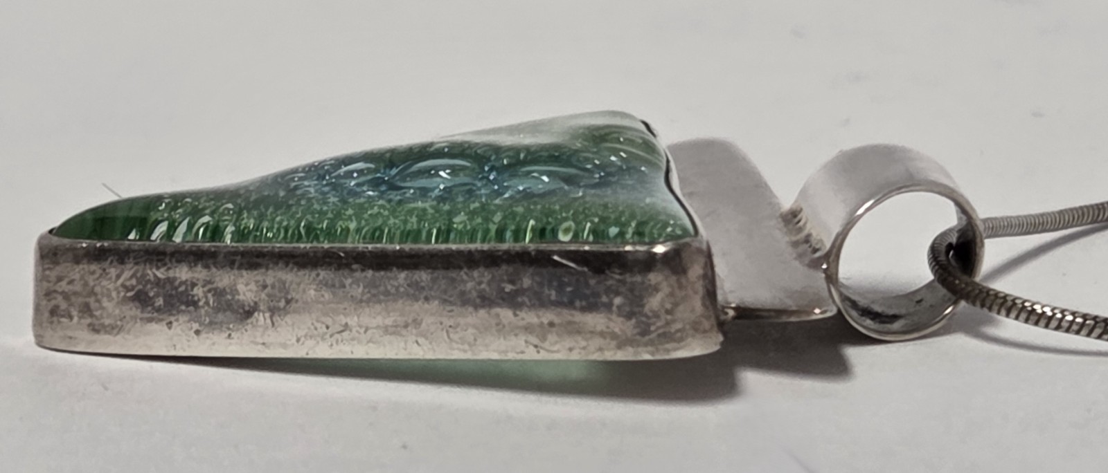 Dichroic Glass Sterling Silver Triangle Pendant Necklace 18″ Green Blue Bubbles
