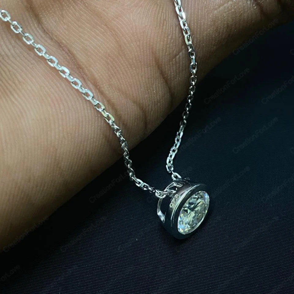 1CT Round Lab Created Diamond Bezel Bail Pendant Chain 18 In 925 Stirling Silver