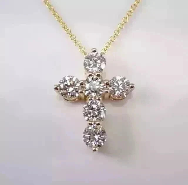 1Ct Round Cut Lab-Created Diamond Cross Chain Pendant 14K Yellow Gold Plated