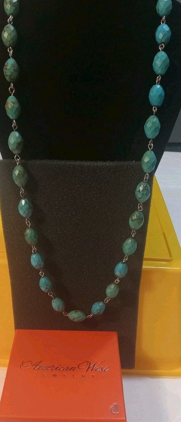 American West Turquoise Faceted Sterling Silver Beaded Necklace 32″ New In Box