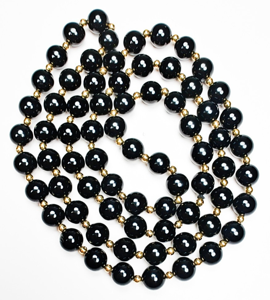 14K Yellow Gold Black Onyx Beaded Ball Necklace 29″ Long Estate 52.23g Vintage