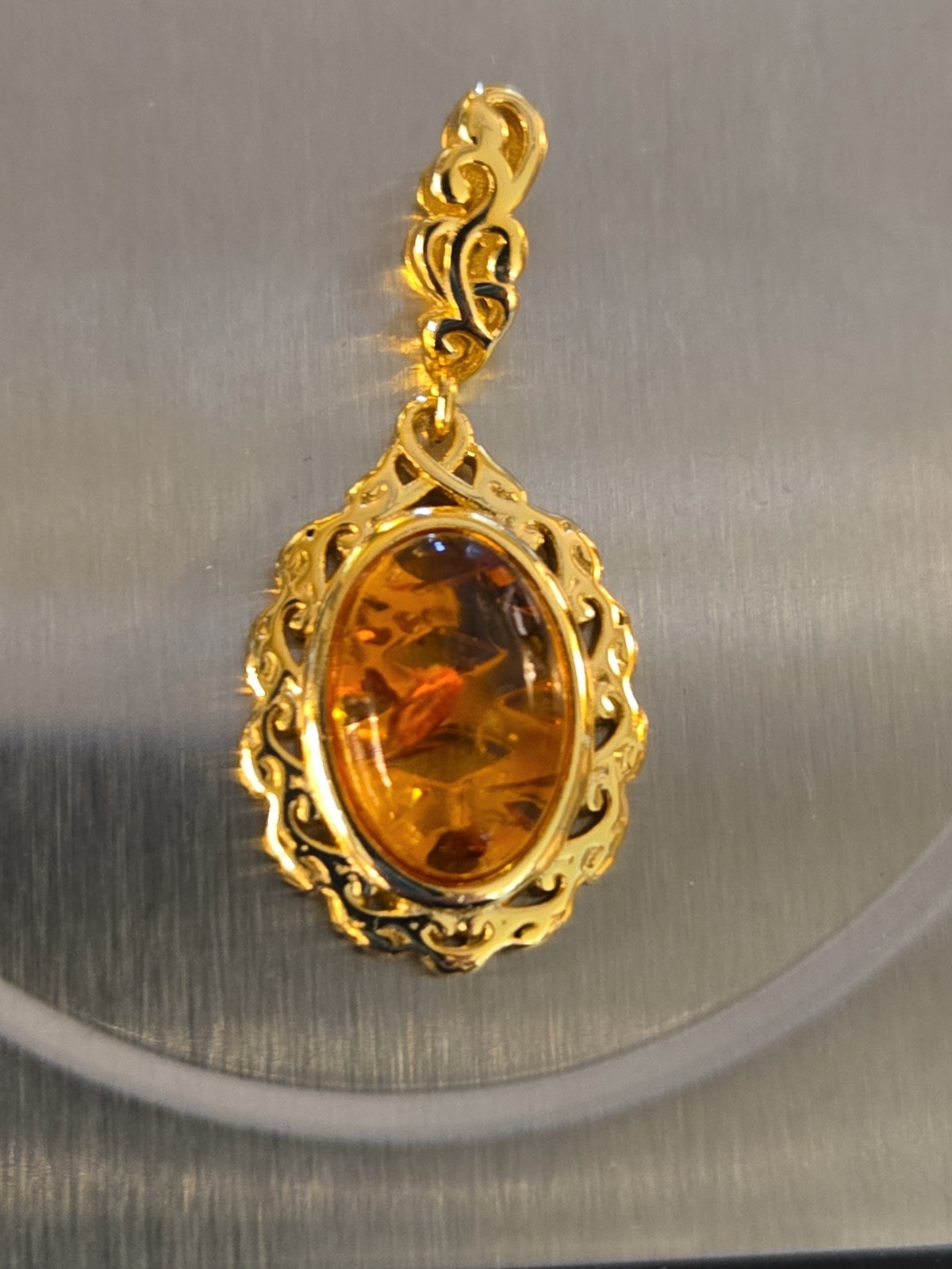 Baltic Amber Stone Pendant Open Scrollwork Vermeil ( Stamp 925) Signed 3.4 Grams