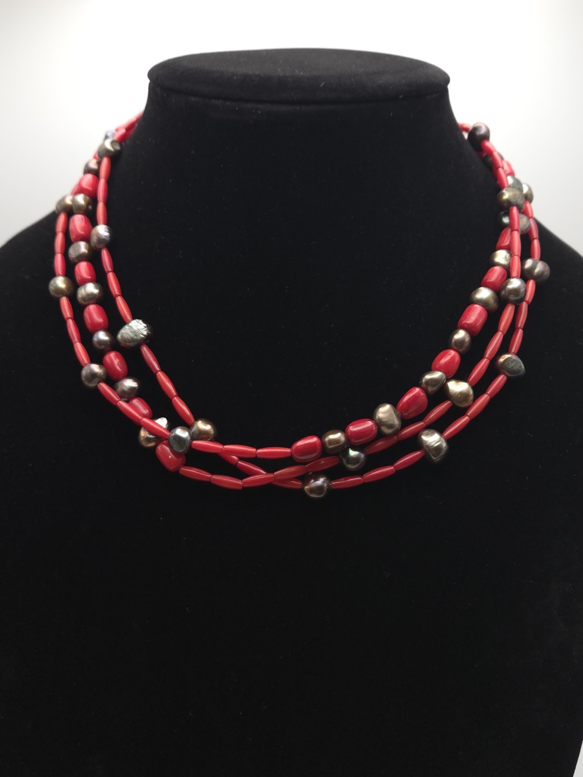 Desert Rose Trading Sterling Silver Black Baroque Pearl Red Coral Necklace