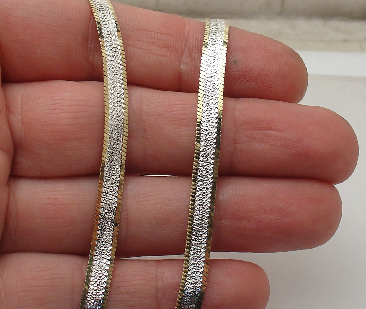 Reversible Herringbone Chain Necklace 14K Yellow Gold Plated Two-tone Silver