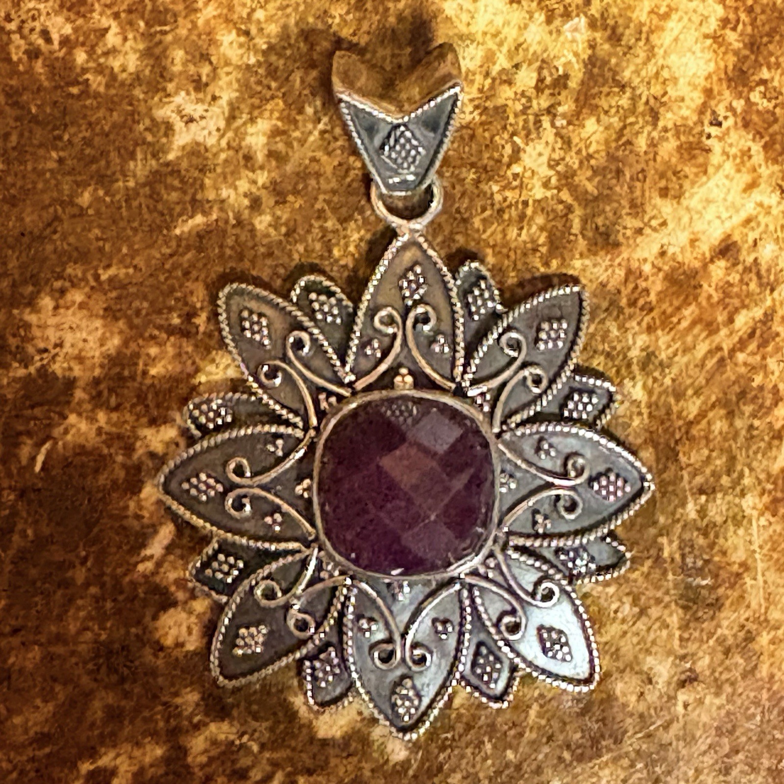 Sterling Silver and Ruby Pendant by SI Made in India Bali Style Vintage