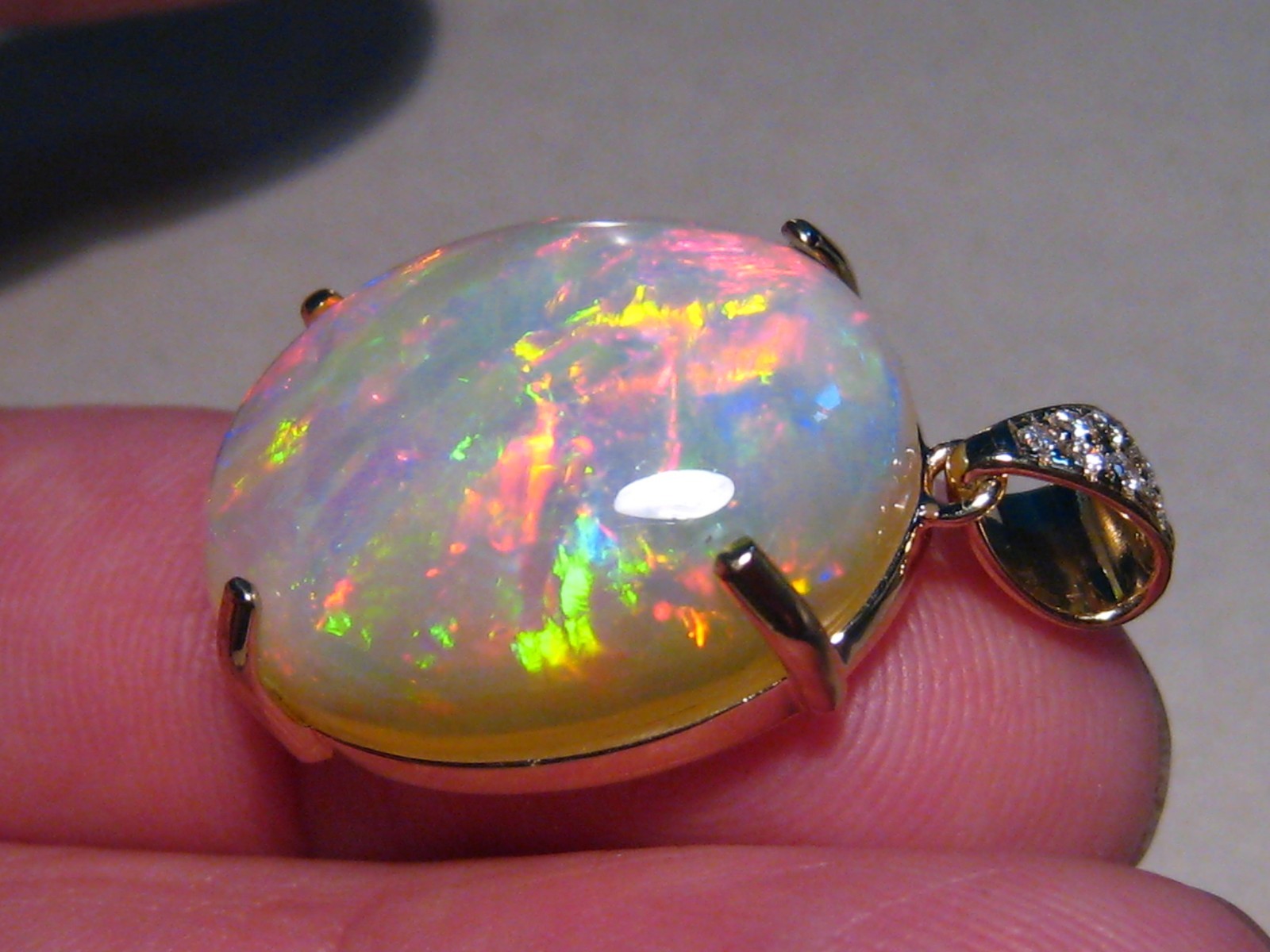 Large 25 ct Welo Opal & Diamond Pendant , Solid 14 k Gold , Brightness 5+