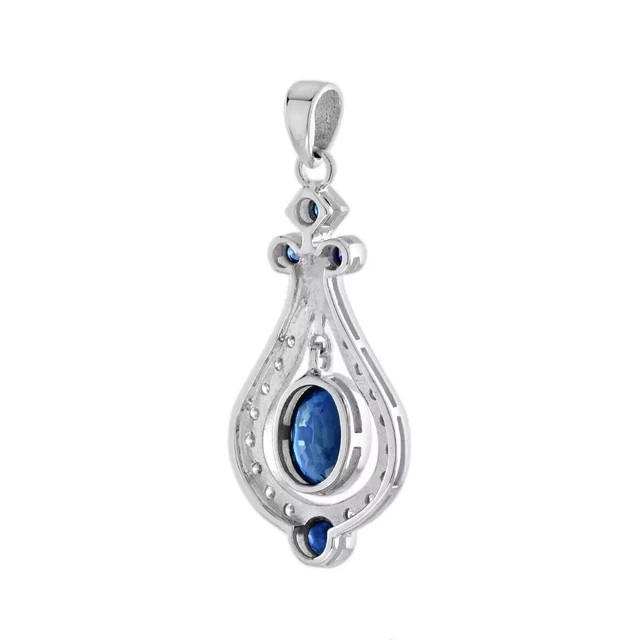 Art Deco Style Moissanite Blue Sapphire Diamond Women Pendant 14k White Gold FN