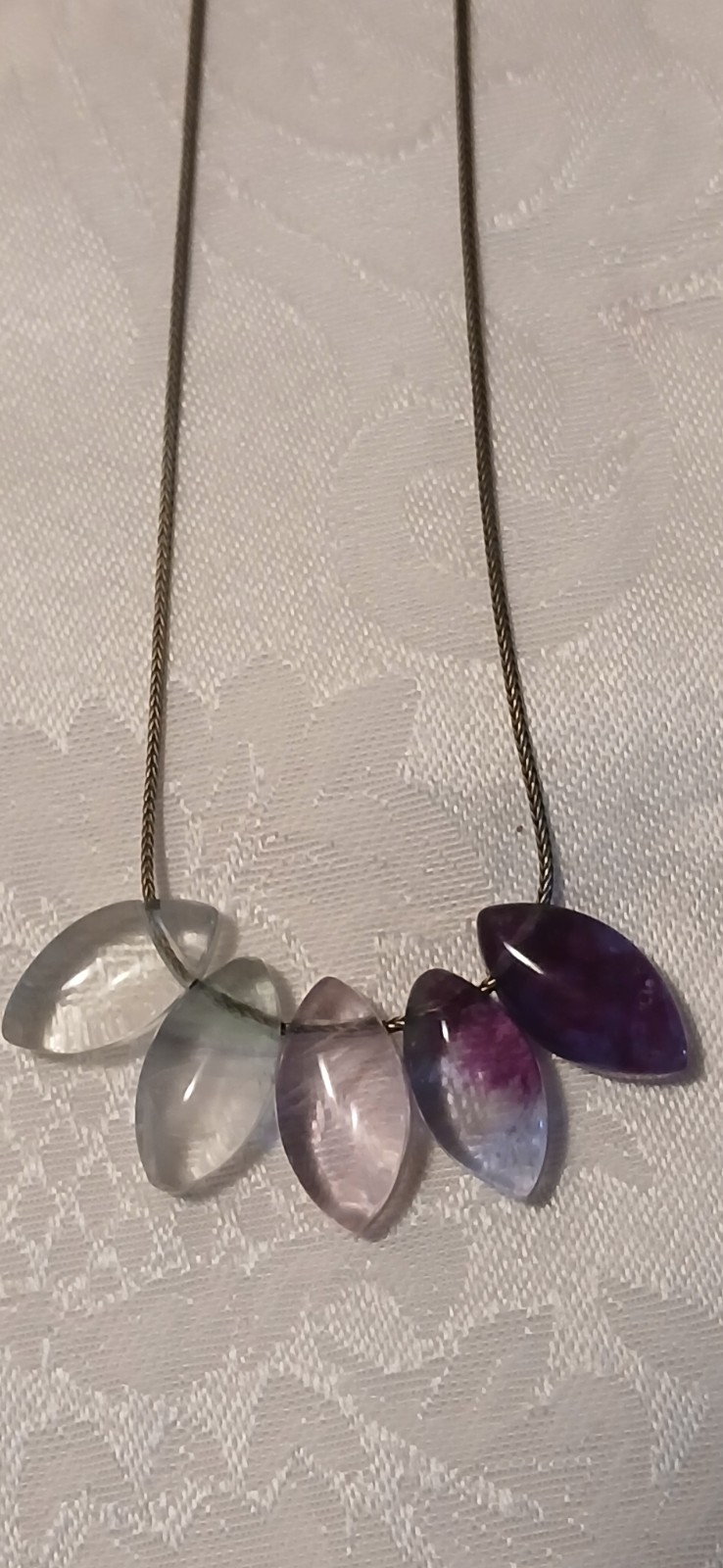 925 Snake Chain Necklace,Amethyst, Smokey Quartz, 5 Teardrop Pendants, 9.5″L