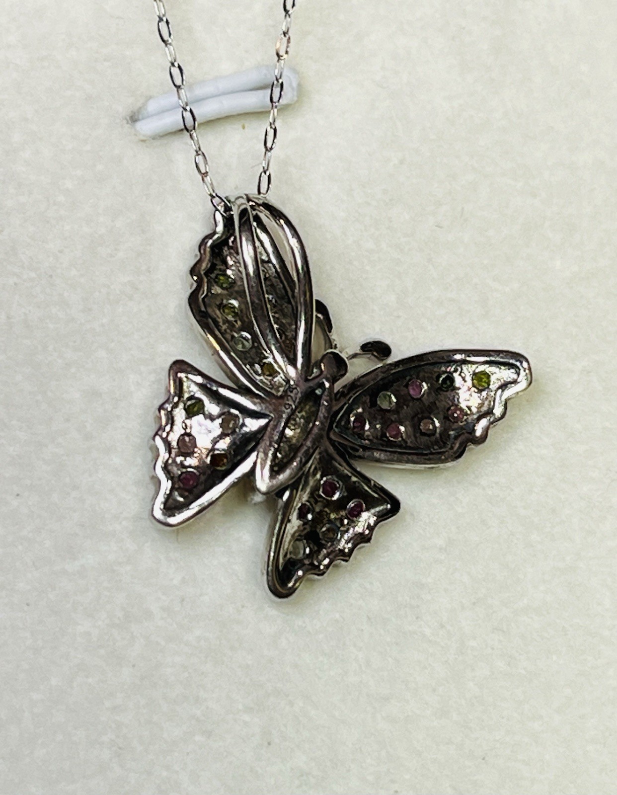 925 Sterling Silver Tourmaline Pink Green Blue Yellow Butterfly Pendant Necklace