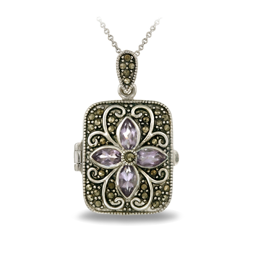 Silver Tone Gemstone Flower Marcasite Locket Necklace, 2 Colors