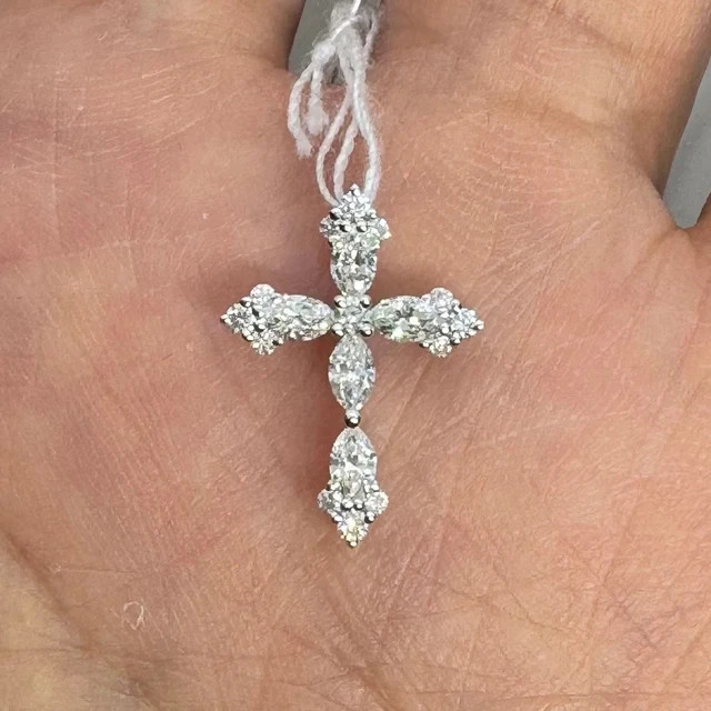 1.00Ctw Marquise Cut Real Moissanite Women’s Cross Pendant 14K White Gold Plated