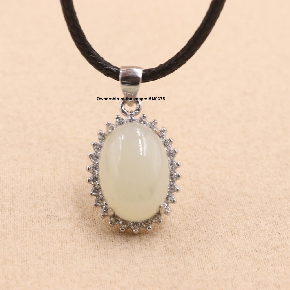 NEW Natural White Jade Oval Pendant 925 Sterling Silver Pendant