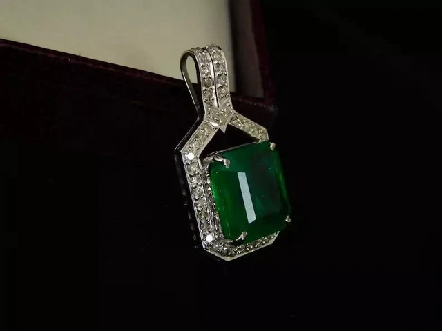 14K White Gold Plated 3.20Ct Emerald Cut Lab Created Emerald Shape Halo Pendant