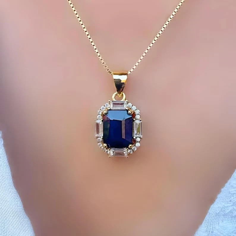 3Ct Emerald Cut Lab Created Sapphire & Diamond Halo Pendant 14K Yellow Gold Over