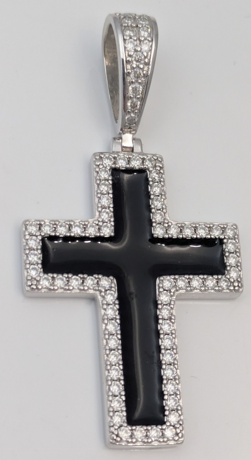 925 Sterling Silver Moissanite Cross Pendant / Charm Black Enamel Harlem Bling