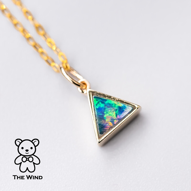 Minimalist Triangle Australian Doublet Opal Pendant Necklace 14K Yellow Gold