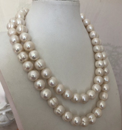 35″L HUGE 10-12MM NATURAL SOUTH SEA GENUINE WHITE PEARL NECKLACE 925s CLASP