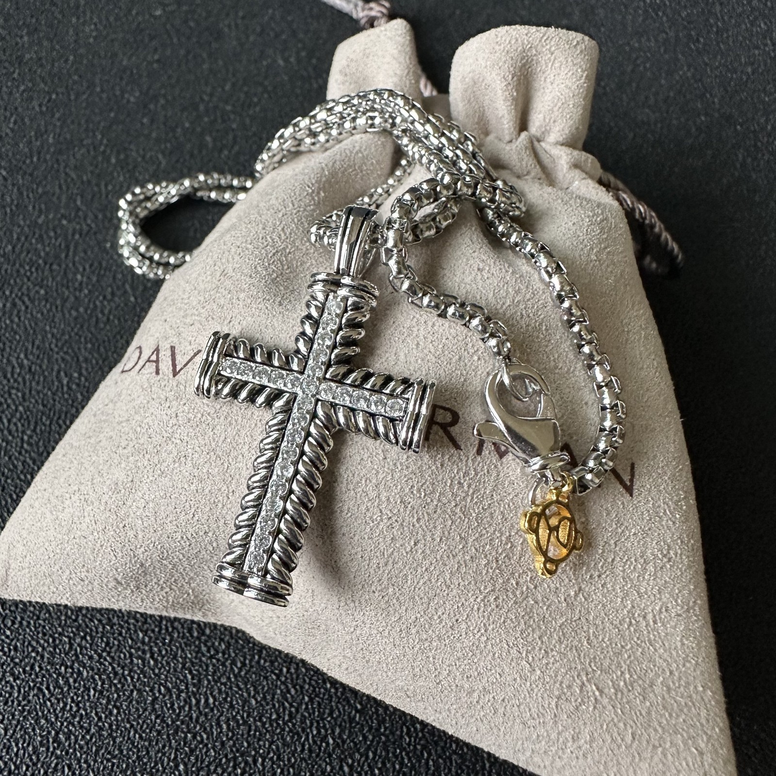 David Yurman Chevron Cross Pendant Necklace 925 Sterling Silver w/ Diamonds 19″