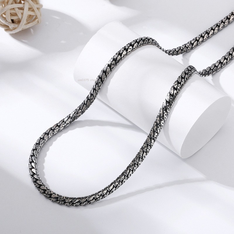 Solid 925 Sterling Silver Necklace Women Men 5mm Hammer Curb Link Chain Necklace