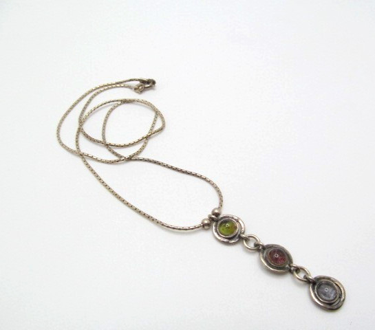 925 Sterling Silver Tourmaline Iolite Pink Yellow Round Disc Stone Necklace