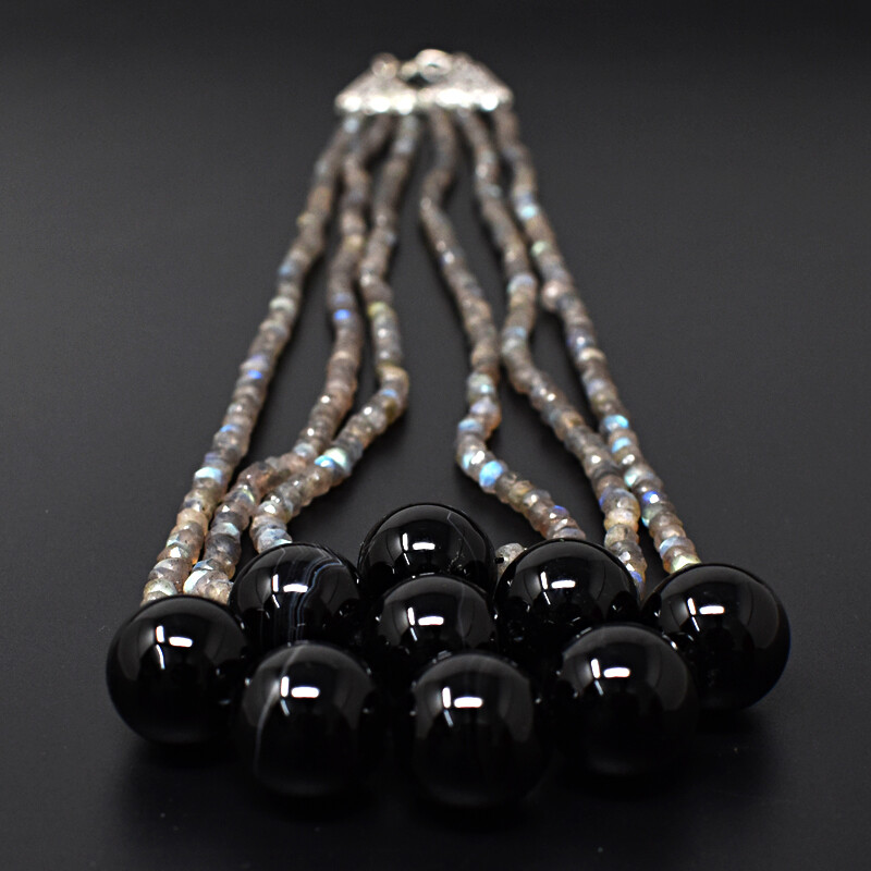 485.00 Cts Natural 3 Strand Onyx & Labradorite Round Beads Necklace JK 12E283