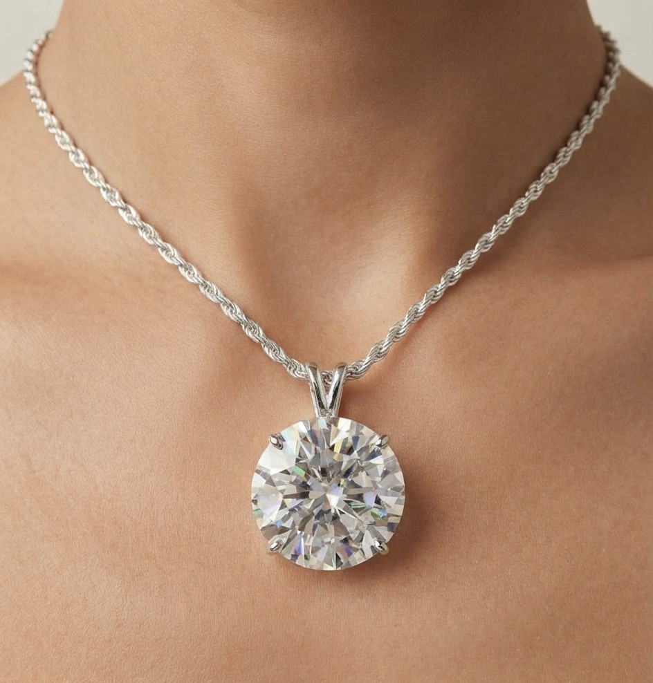 RARE 7.30 Ct Certified Treated White Diamond Solitaire Pendant in 925 Silver