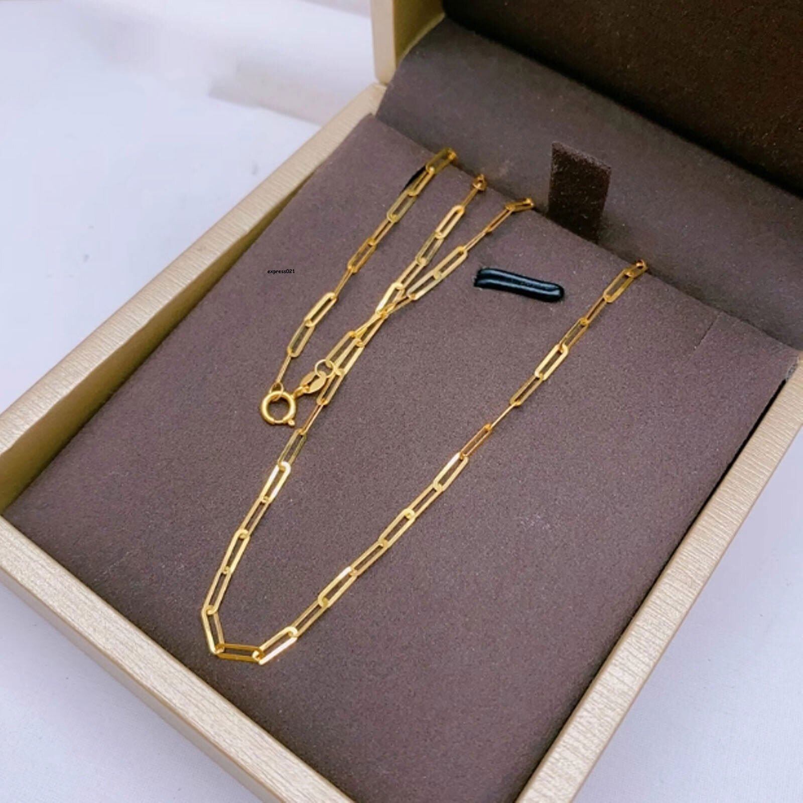 Pure 18K Yellow Gold Chain Thin Square Cable O Link Necklace 17.7inch/0.88g